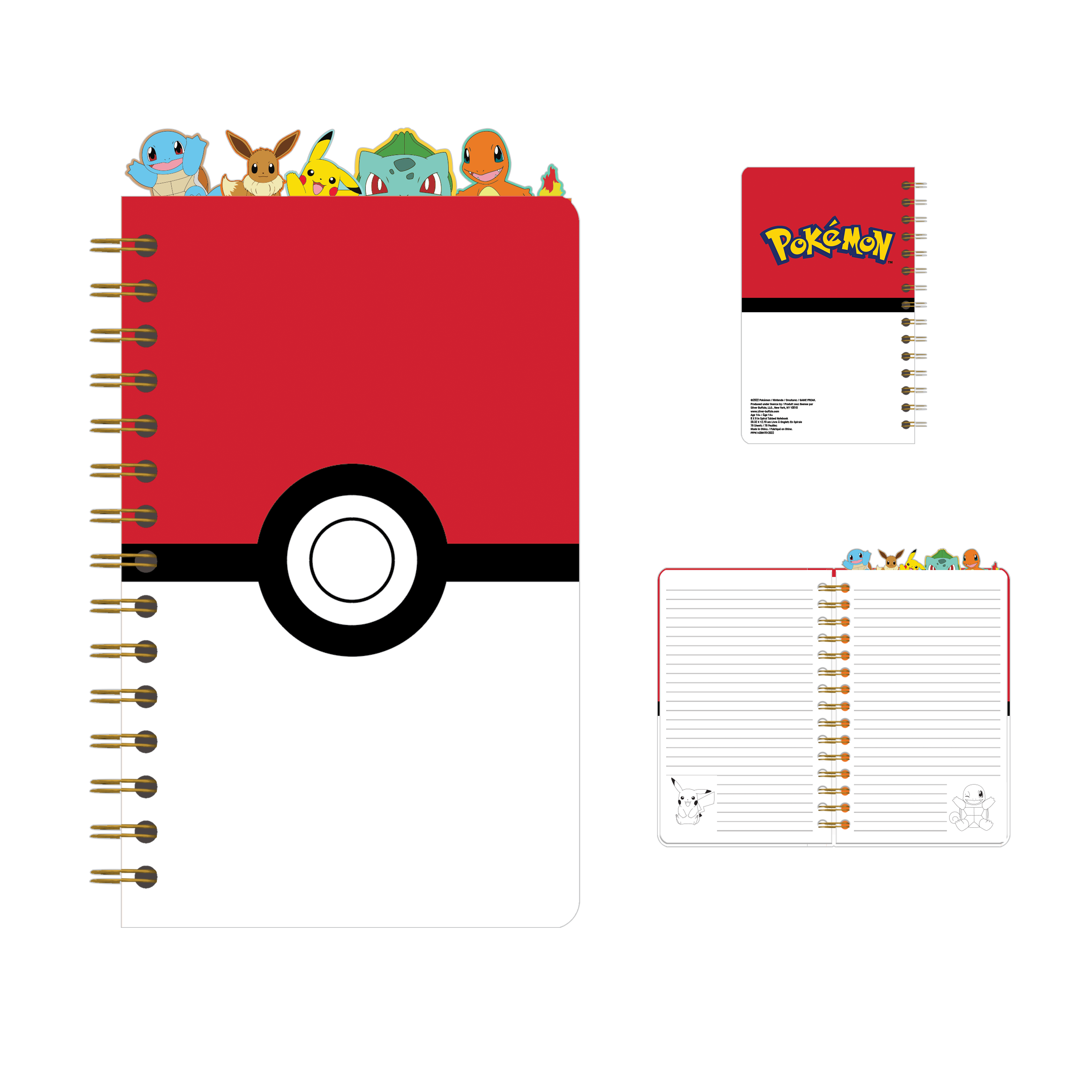Pokemon Pokeball Starters 8" x 5" Spiral Tabbed Notebook