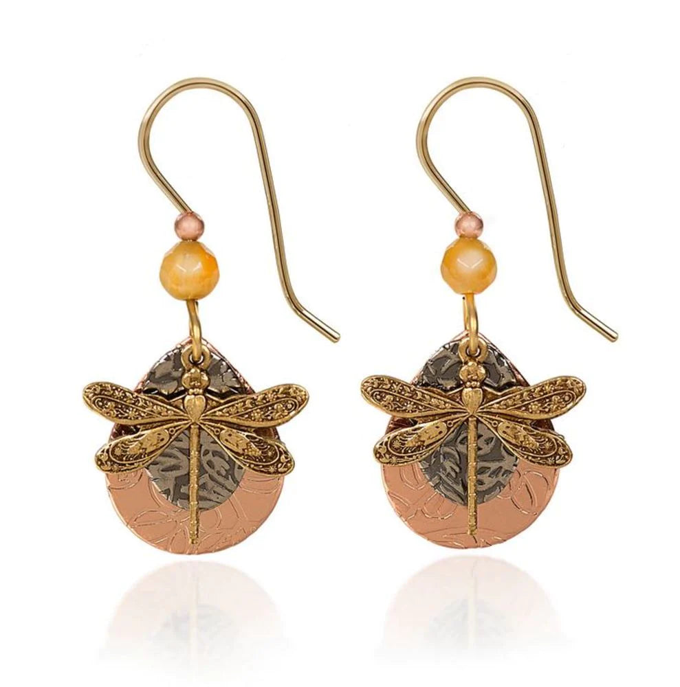 Silver Forest Dragonfly on Layered Shapes Earrings