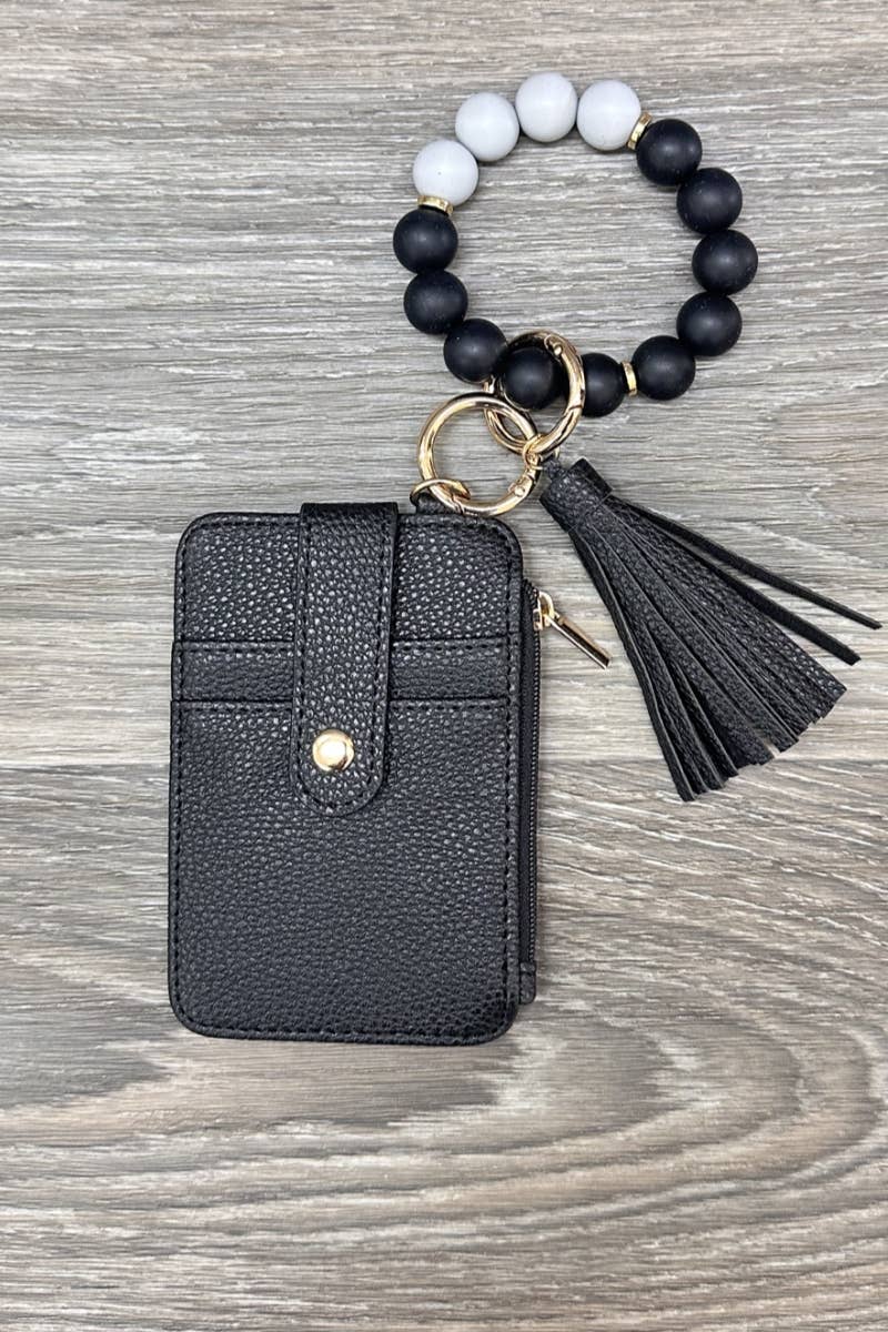 Silicone Beaded Bracelet Card Holder Keychain Black