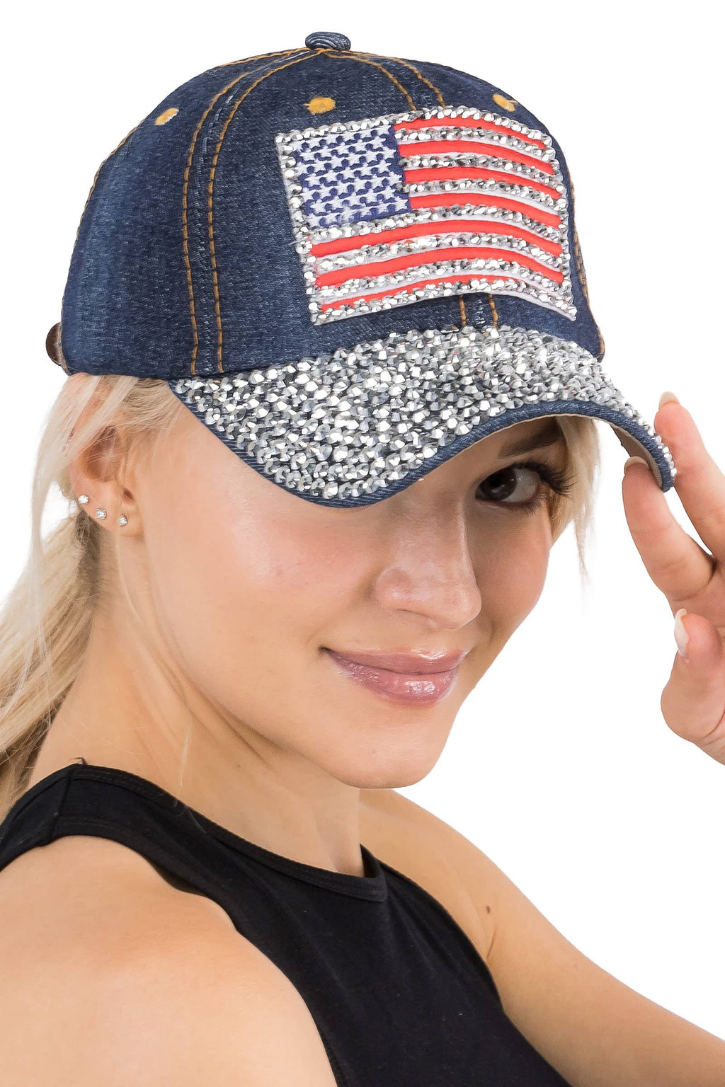 American Flag Bling Patch Denim Baseball Cap: DENIM DARK BLUE