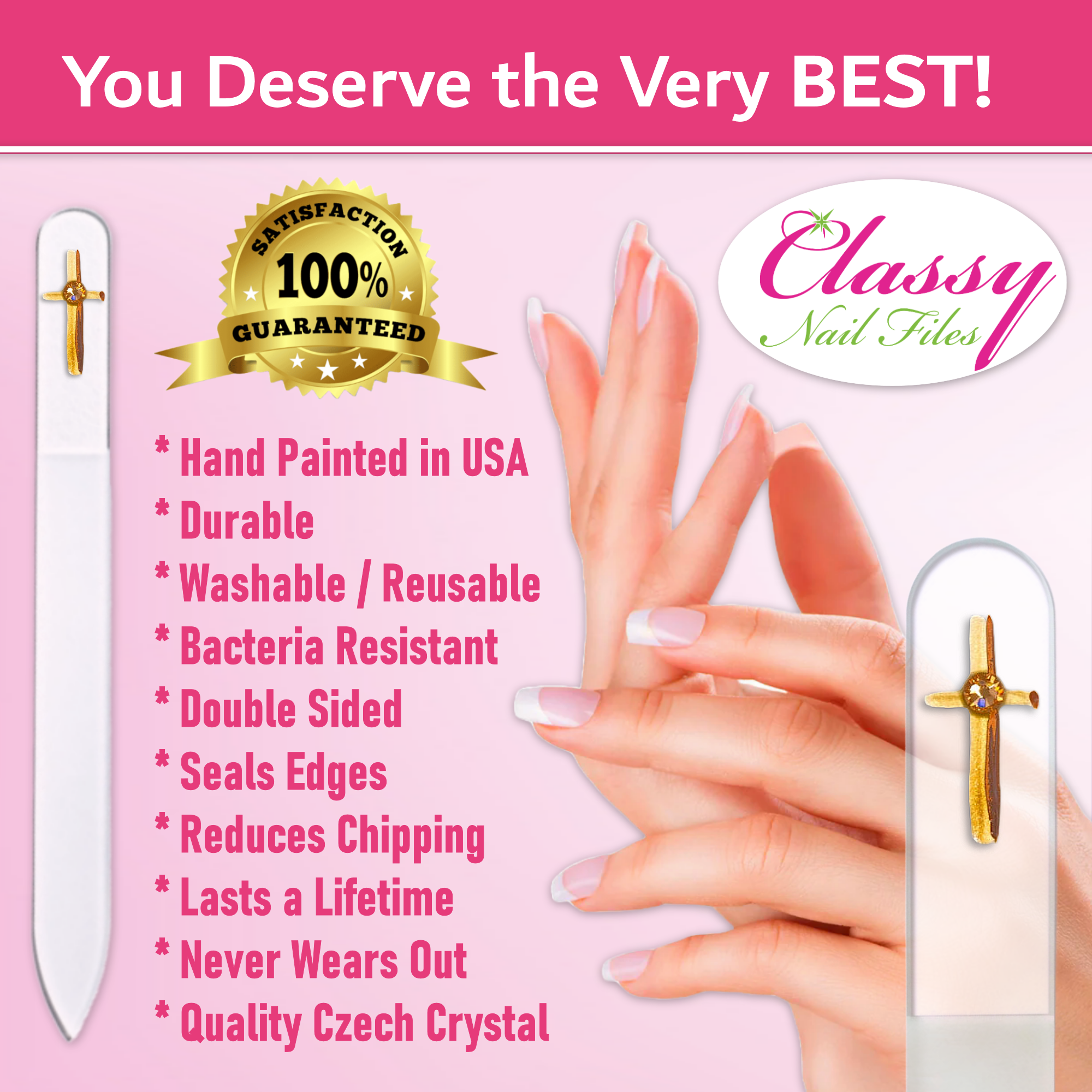 Gold Cross Religion Christian Hand Painted Crystal Nail File: Large