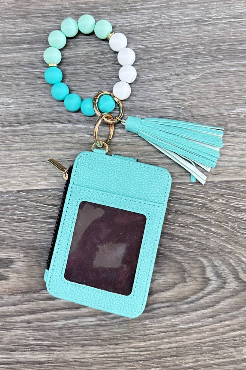 Silicone Beaded Bracelet Card Holder Keychain Turquoise