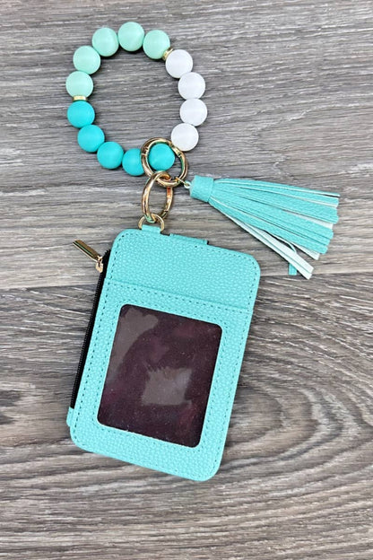Silicone Beaded Bracelet Card Holder Keychain Turquoise