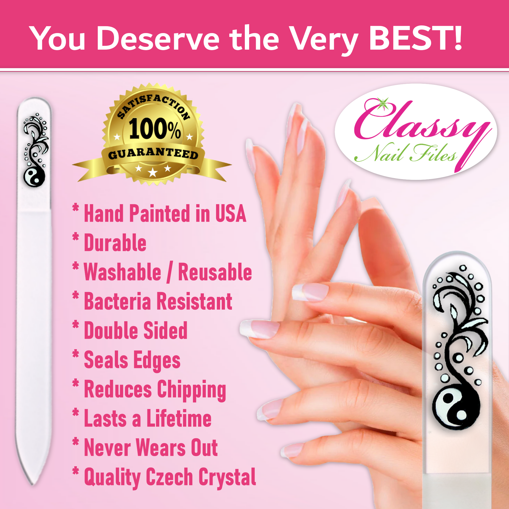 Yin Yang Chinese Balance Hand Painted Crystal Nail File: Large