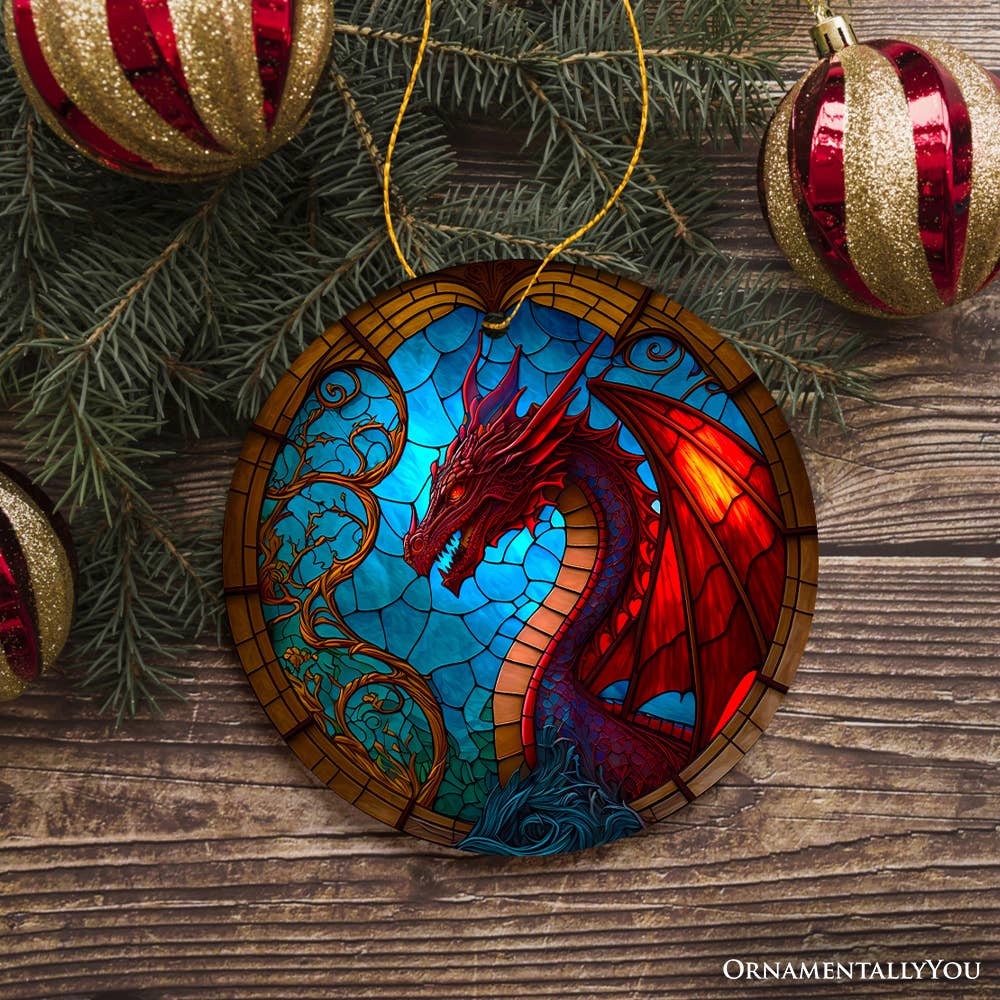 Fierce Dragon Stained Glass Style Ceramic Ornament