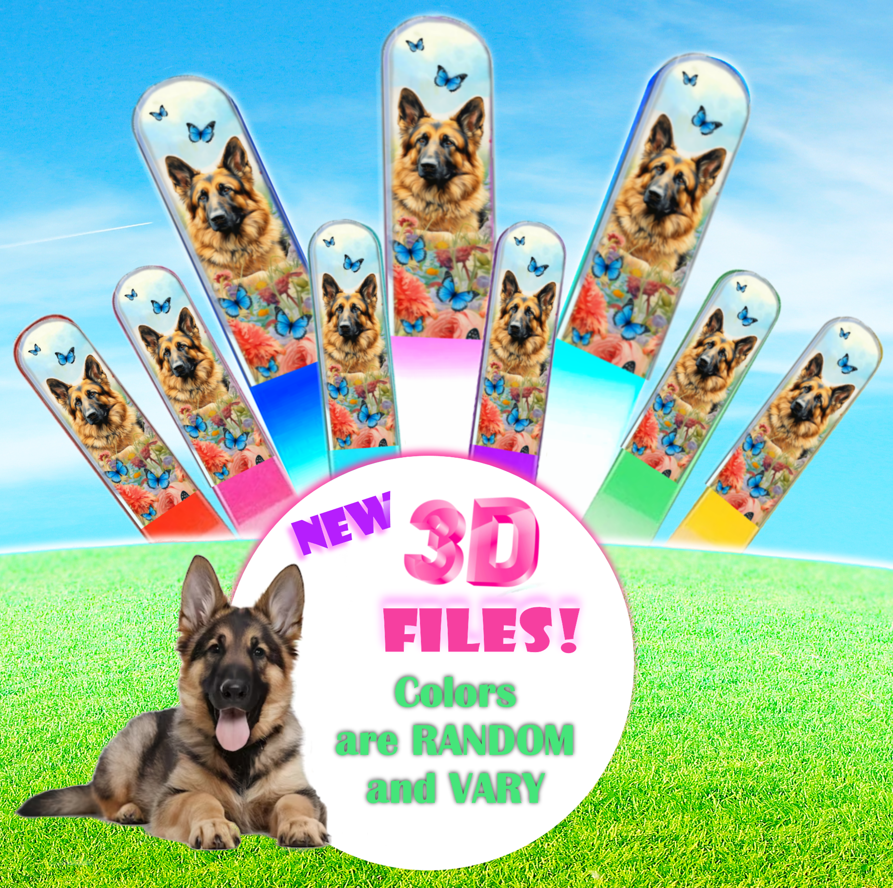 Calico Cat Flowers 3D Pet Colored Czech Crystal Nail File : Large