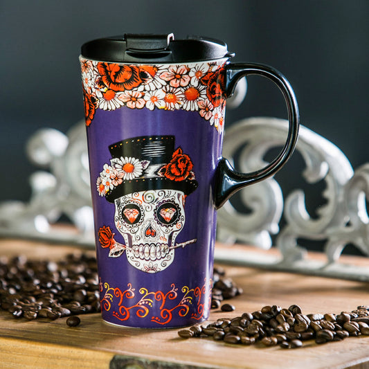 Day of the Dead Ceramic Travel Purple Coffee Cup