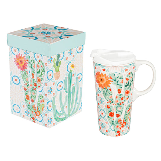 Desert Cacti Floral Ceramic Travel Coffee Cup