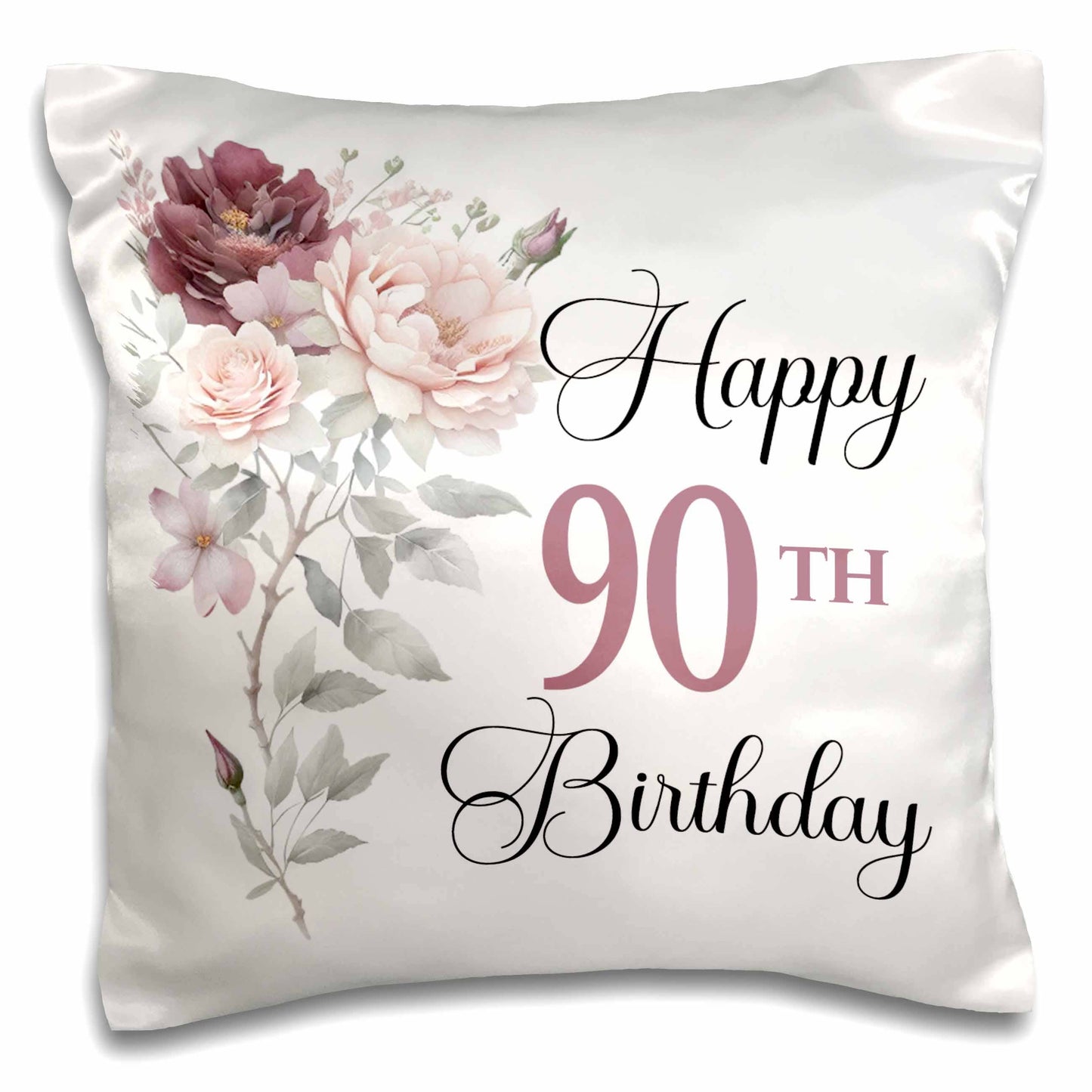 Happy 90th Birthday Blush Pink and Burgundy Flower, Pillow Case