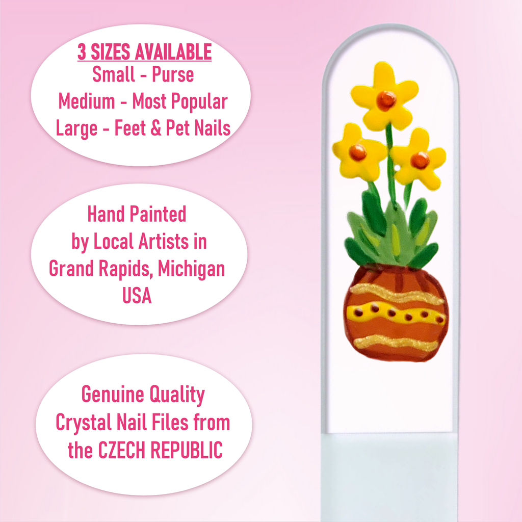 Sunfire Potted Yellow Flowers Hand Painted Crystal Nail File: Large