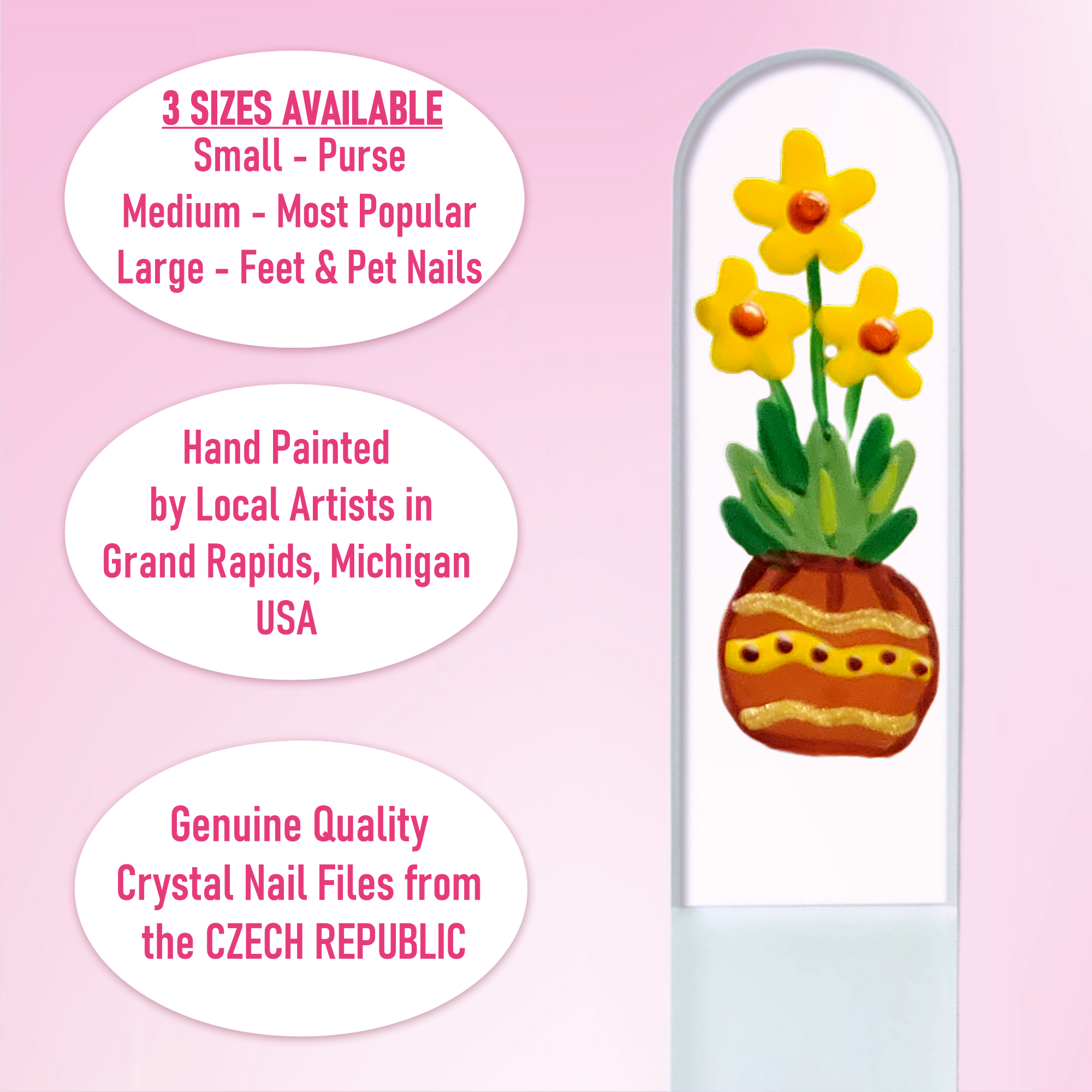 Sunfire Potted Yellow Flowers Hand Painted Crystal Nail File: Large