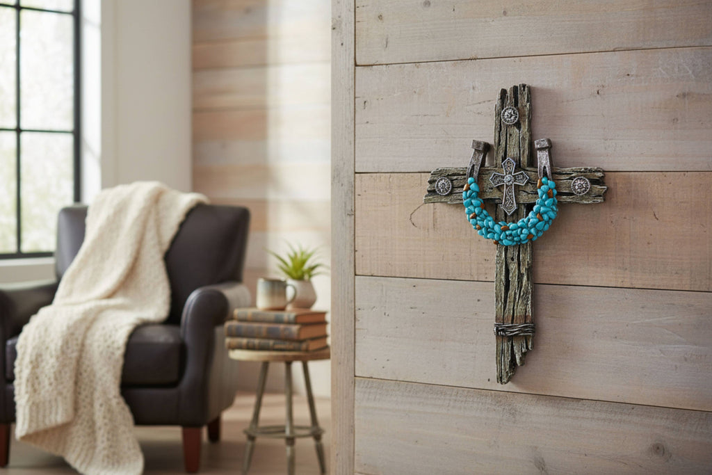 Turquoise Horseshoe on Polyresin Driftwood Wall Cross