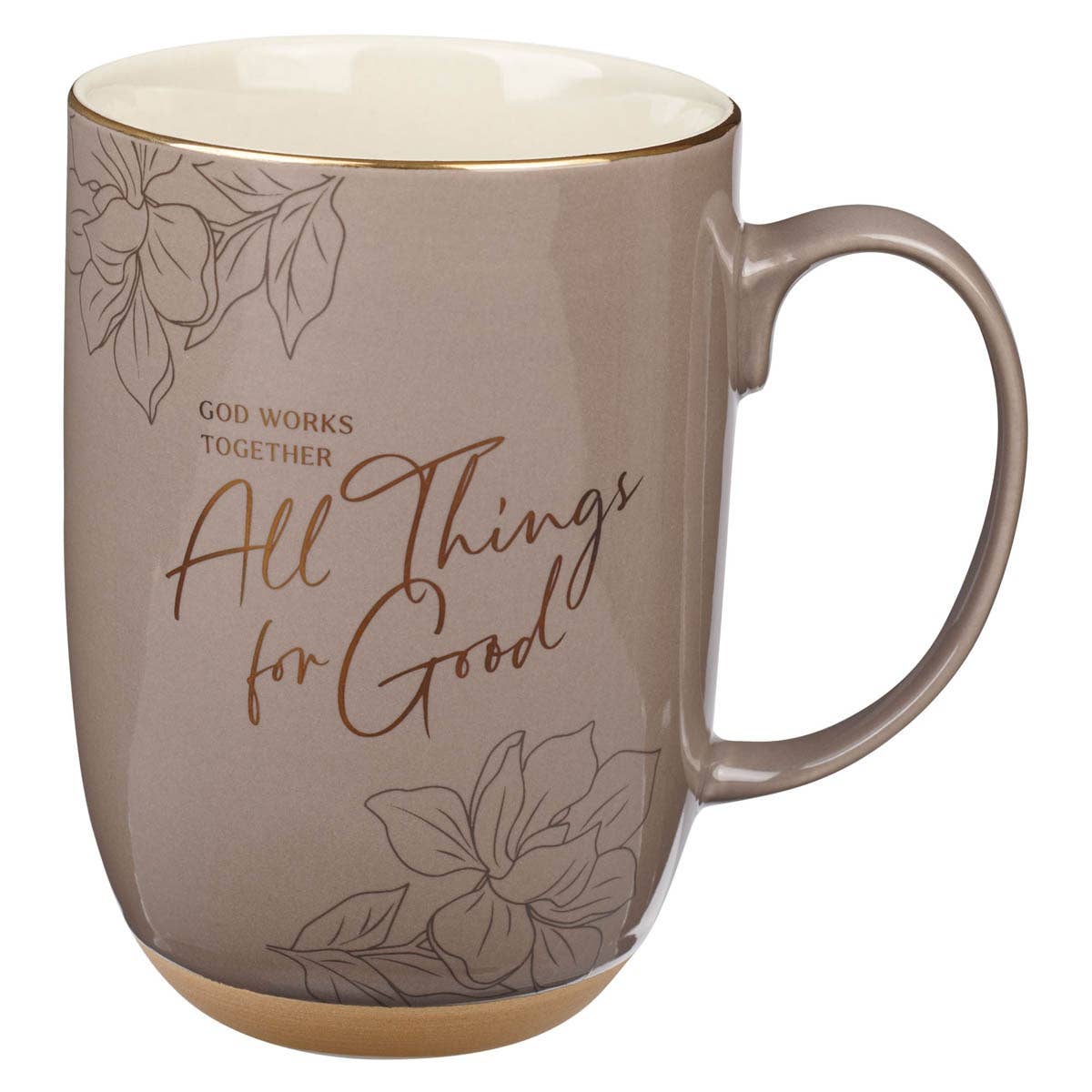 Christian Art Gifts - Mug Taupe God Works For Good Romans 8:28