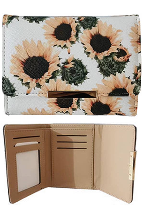 Sunflower Floral Saffiano Leather Tri-Fold Wallet