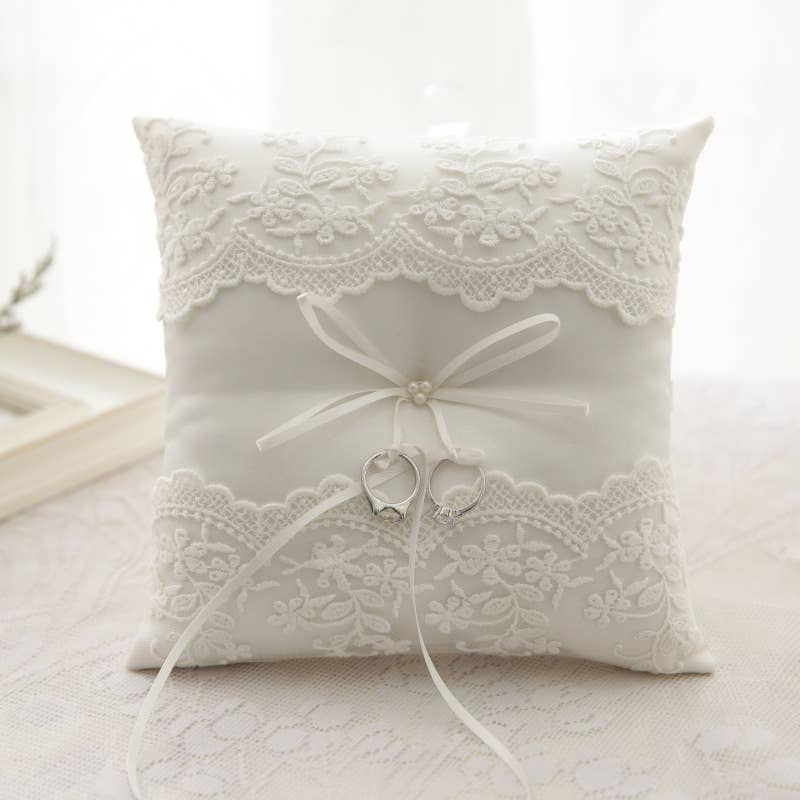 Three Pearl Wedding Ring Bearer Pillow with Lace