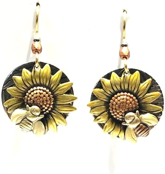 Silver Forest Sunflower and Bee Layered Earrings