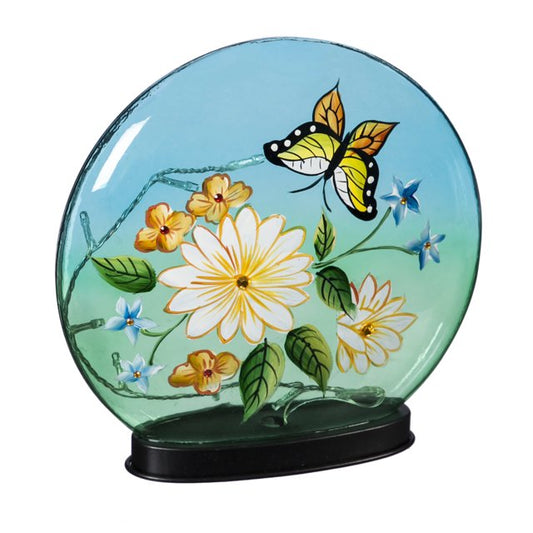 Butterfly and Floral LED Disc Handpainted Glass