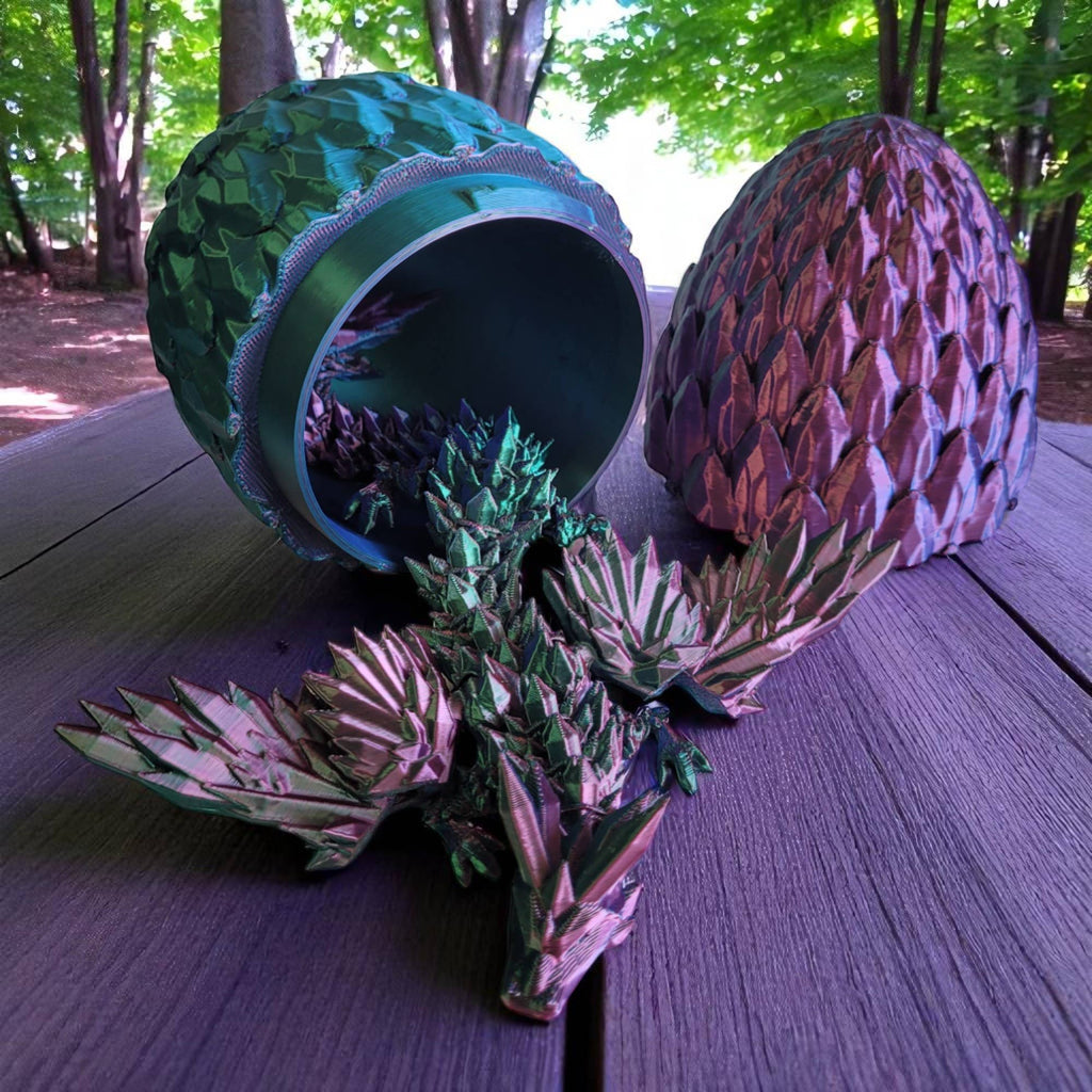 3D Printed Articulated Crystal Dragon with Wings and Egg: Tri-Color Red Green Blue