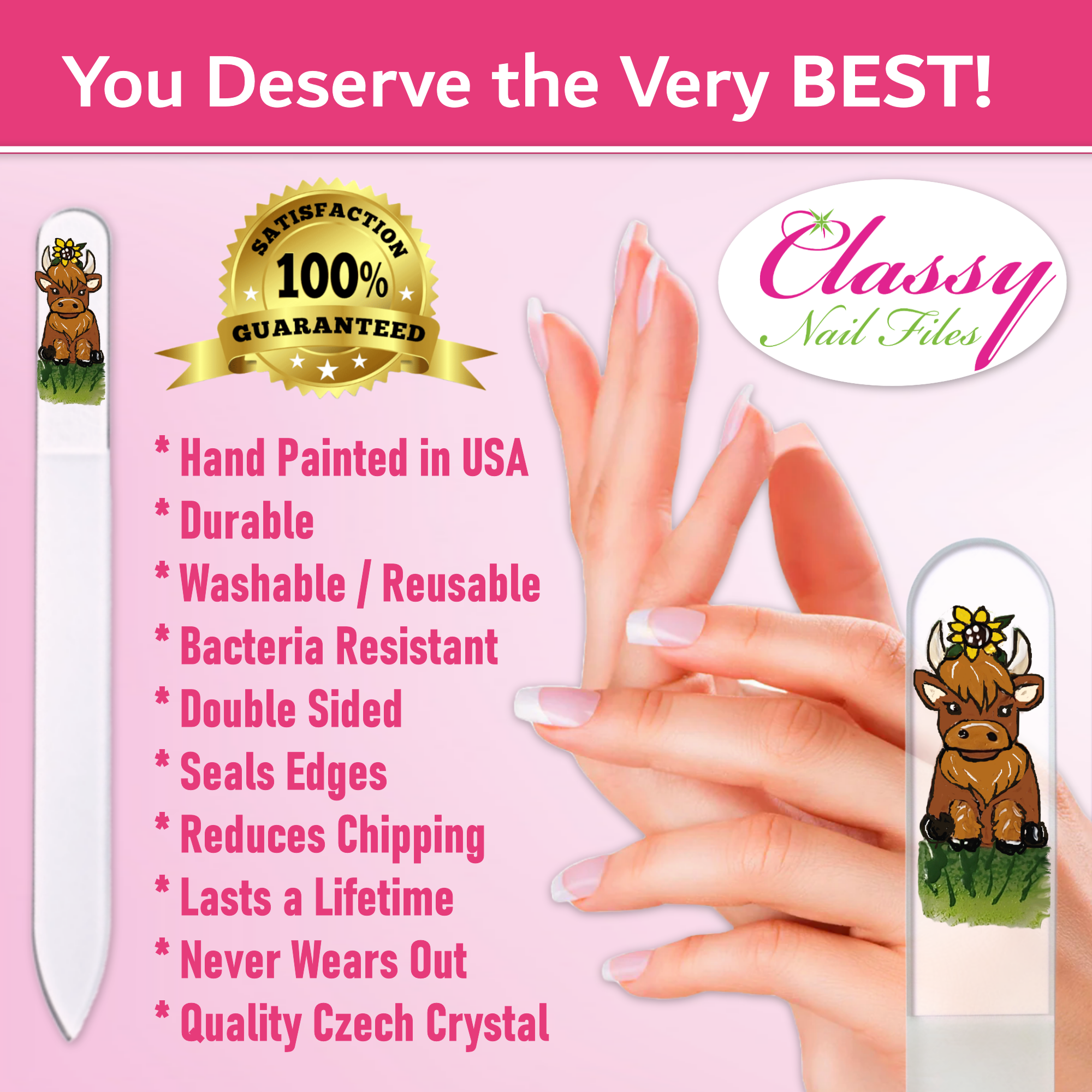 Highland Cow Sunflower Farm Hand Painted Crystal Nail File: Medium