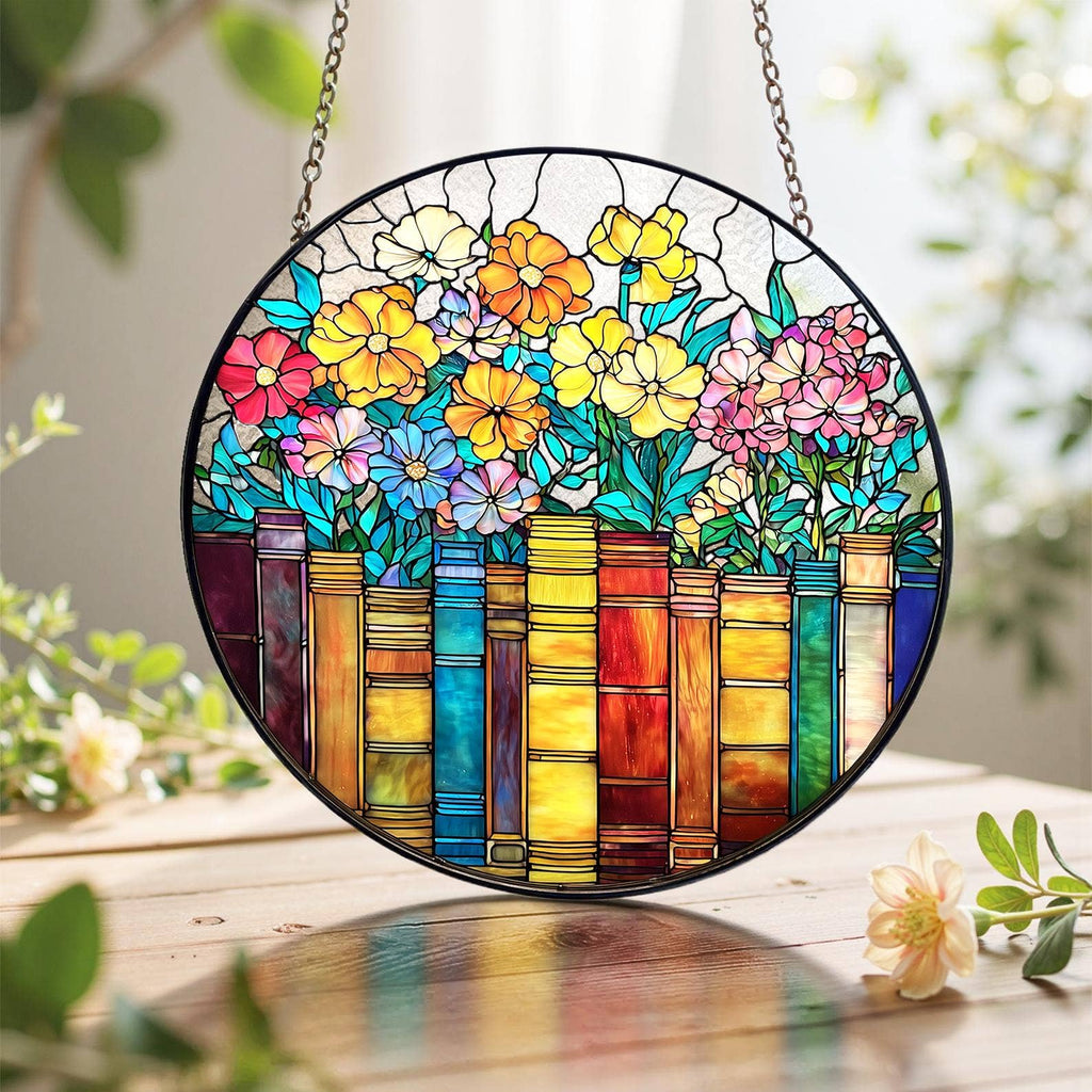 Books and Flowers Stained Glass Suncatcher