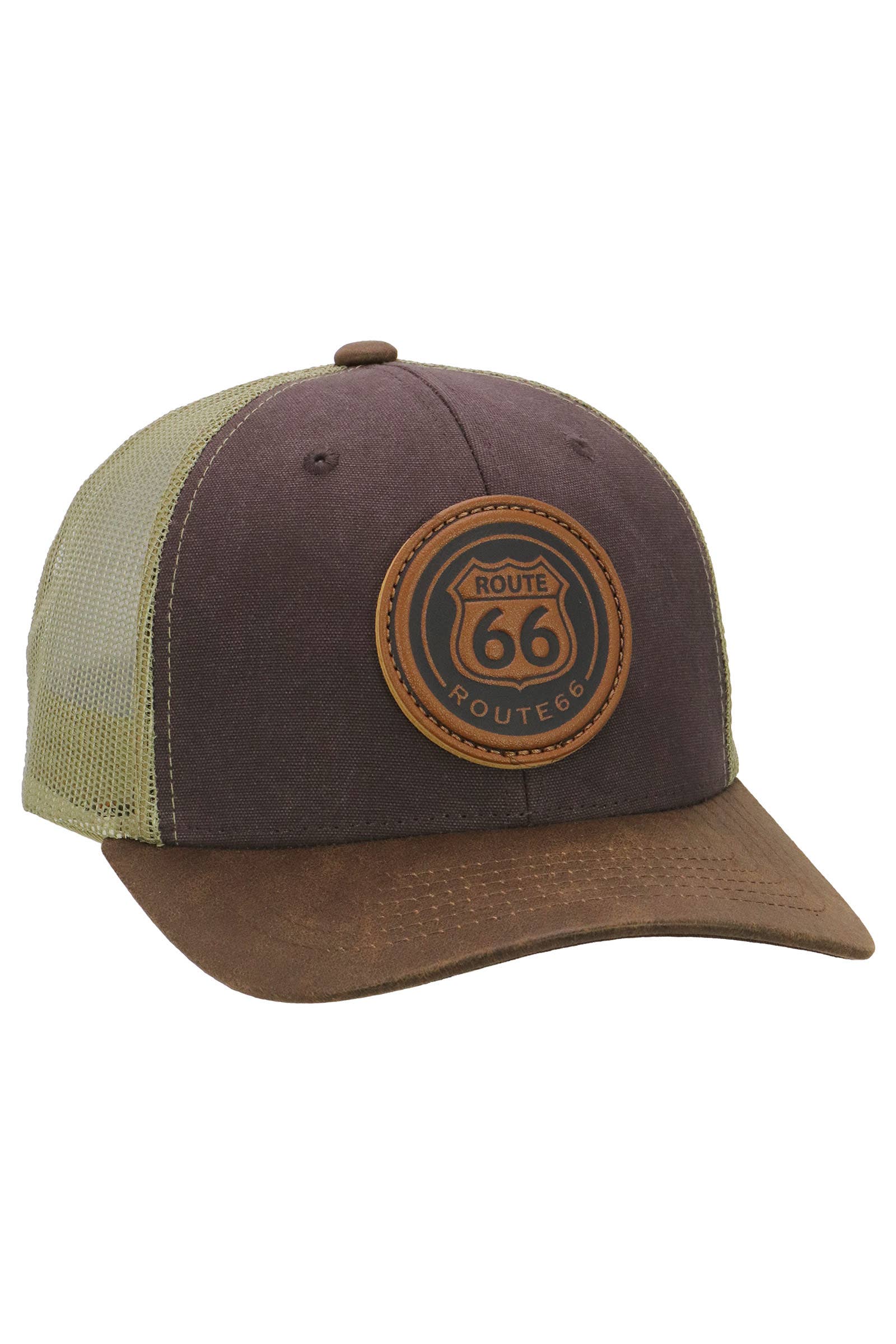 Route 66 Canvas Vegan Oiled Leather Trucker Hat: BROWN/BROWN/KHAKI / ONE SIZE