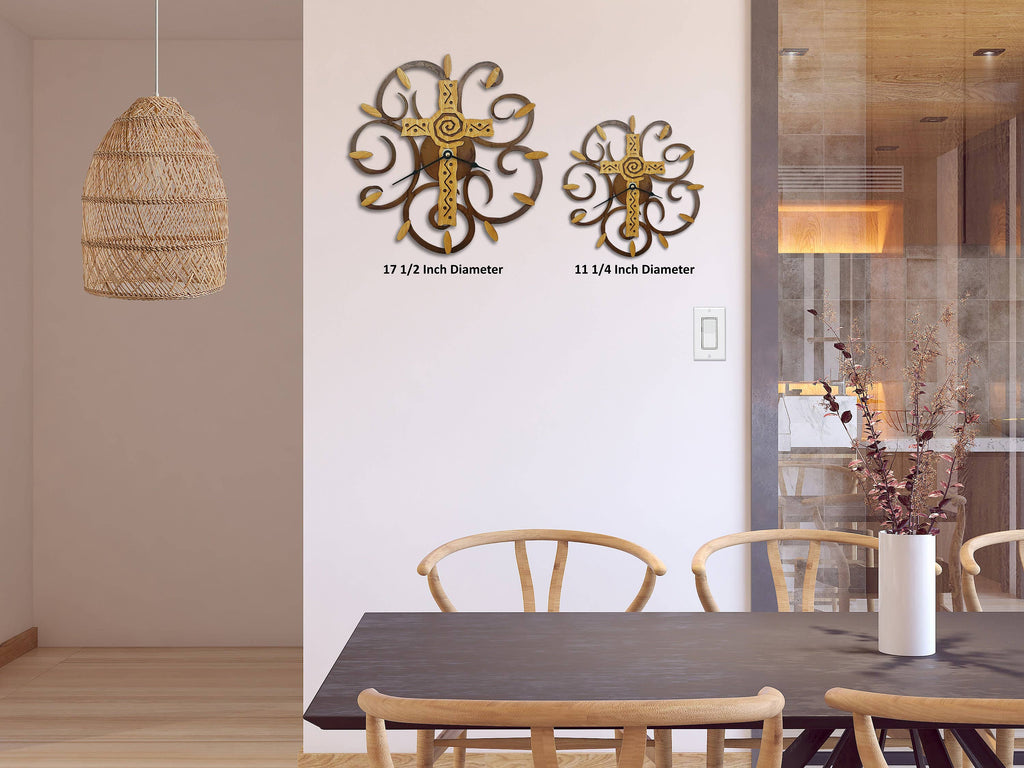 Cross, Swirl Clock, Gold Wood on Rusted Steel