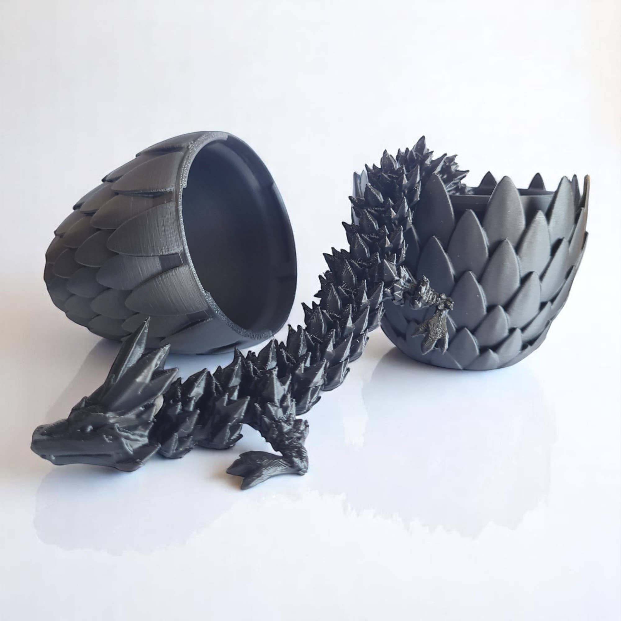 3D Printed 12" Dragon and 6" Egg: Black
