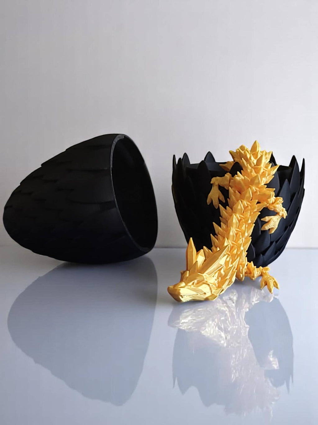 3D Printed 12" Dragon and 6" Egg: Black Egg / Gold Dragon