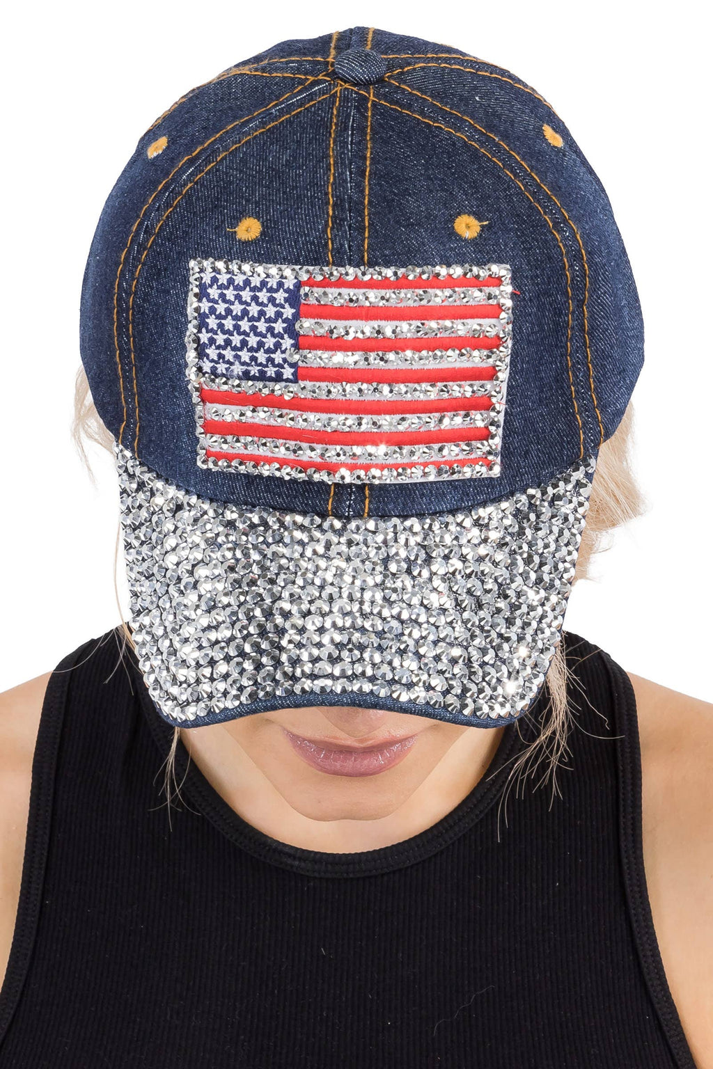 American Flag Bling Patch Denim Baseball Cap: DENIM DARK BLUE