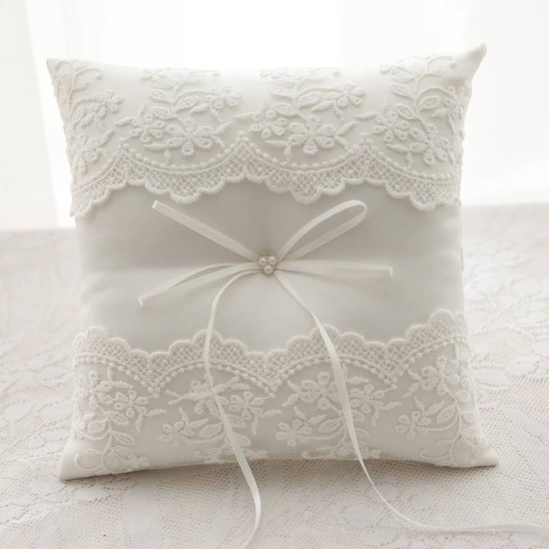 Three Pearl Wedding Ring Bearer Pillow with Lace