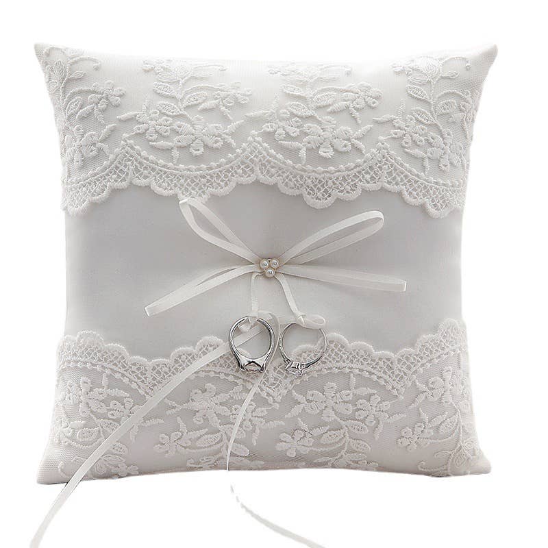 Three Pearl Wedding Ring Bearer Pillow with Lace