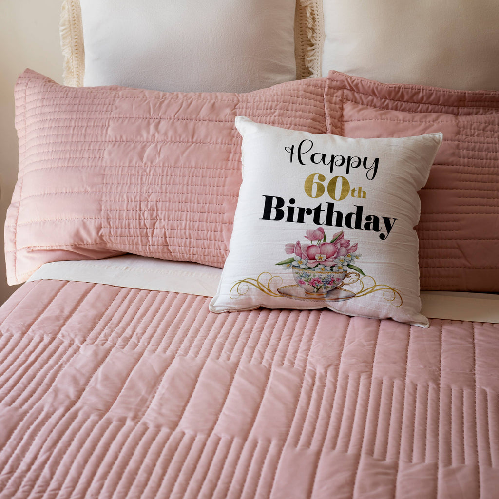 Happy 60th Birthday With A Pretty Floral Teacup, Pillow Case
