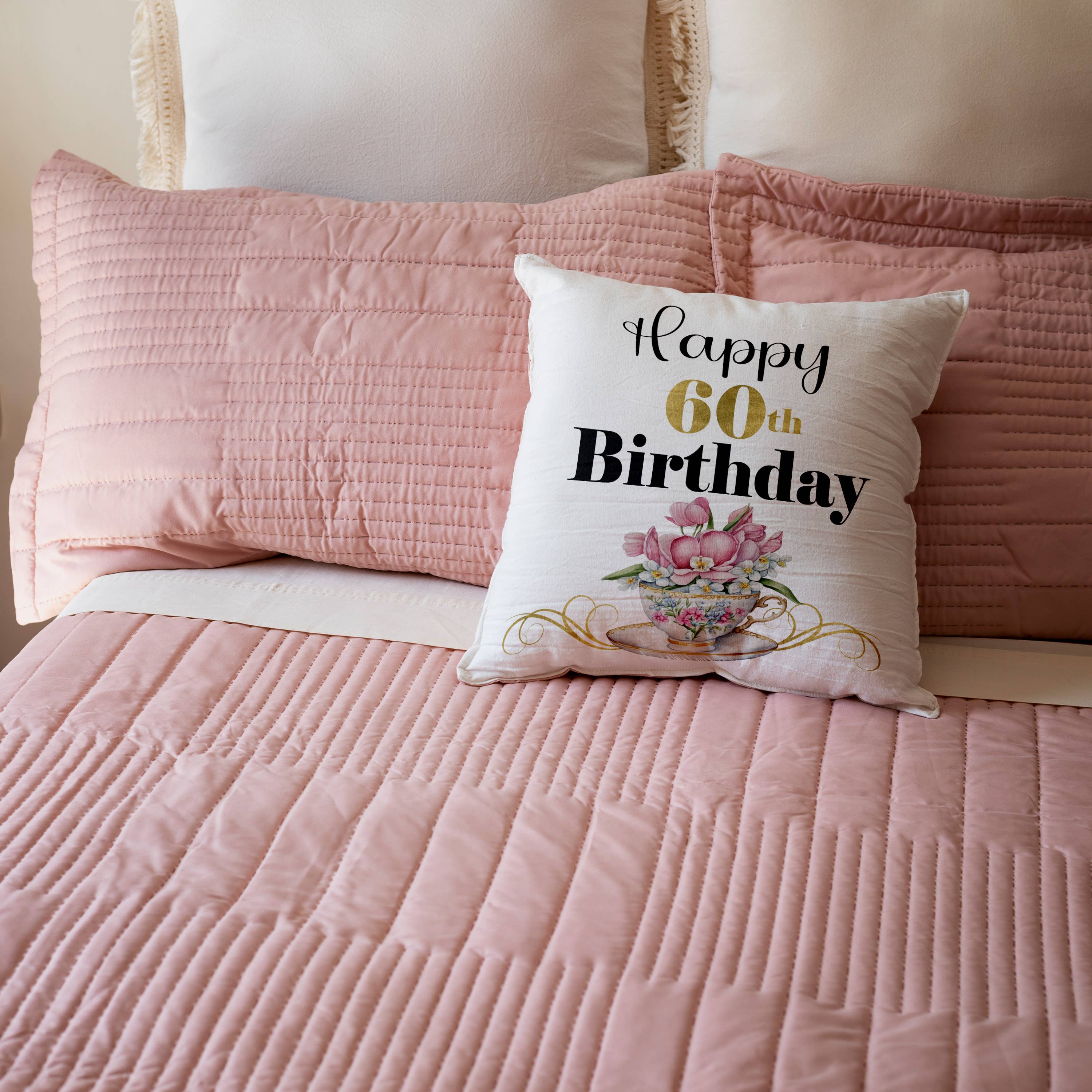Happy 60th Birthday With A Pretty Floral Teacup, Pillow Case
