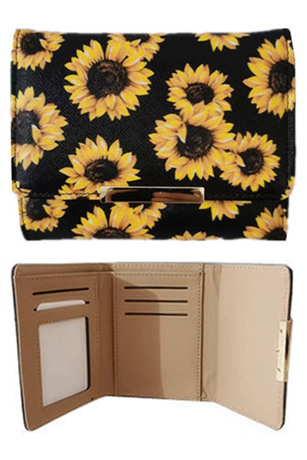 Sunflower Floral Saffiano Leather Tri-Fold Wallet