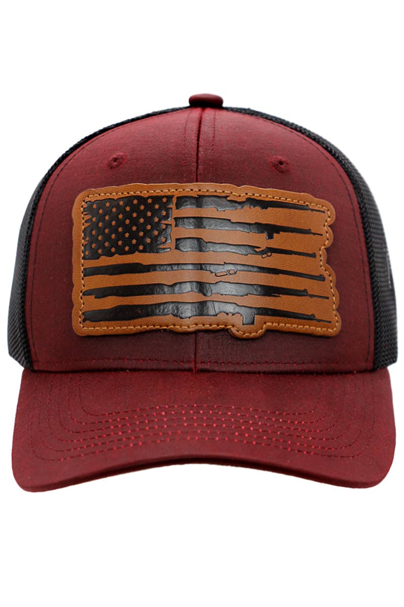 Rifle American Flag Oiled Faux Leather Burgandy Trucker Hat