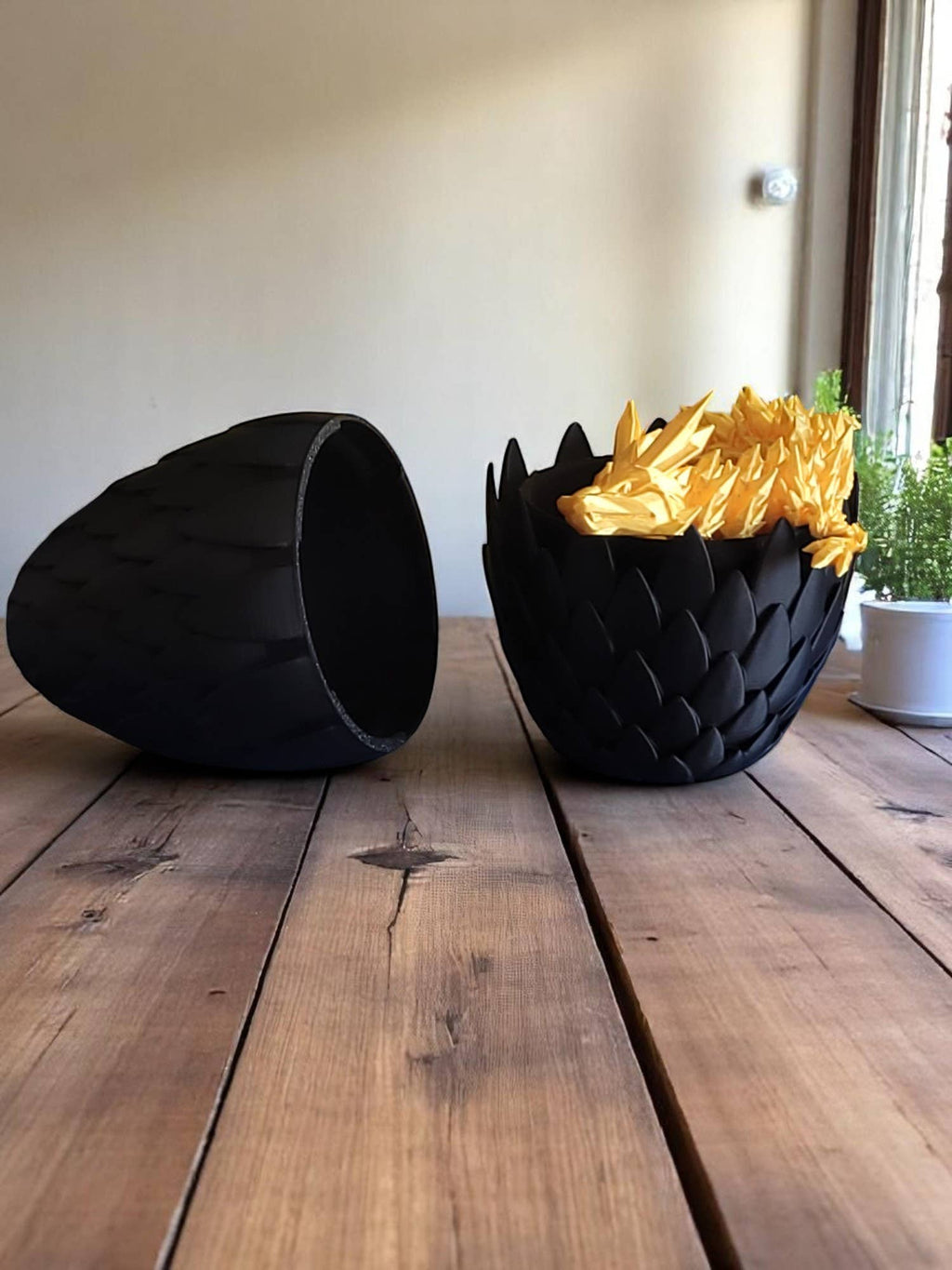 3D Printed 12" Dragon and 6" Egg: Black Egg / Gold Dragon