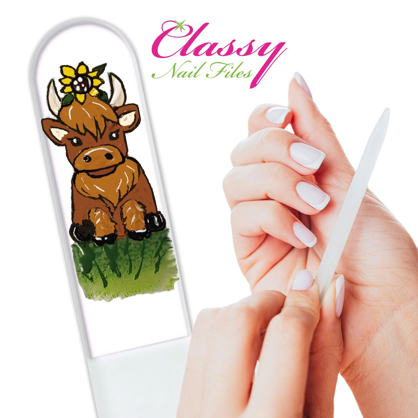 Highland Cow Sunflower Farm Hand Painted Crystal Nail File: Large