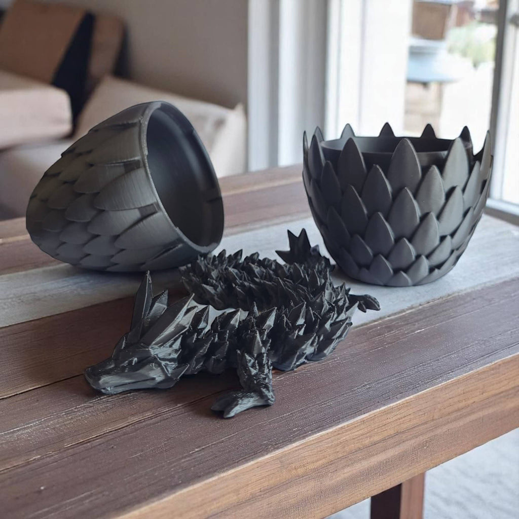 3D Printed 12" Dragon and 6" Egg: Black