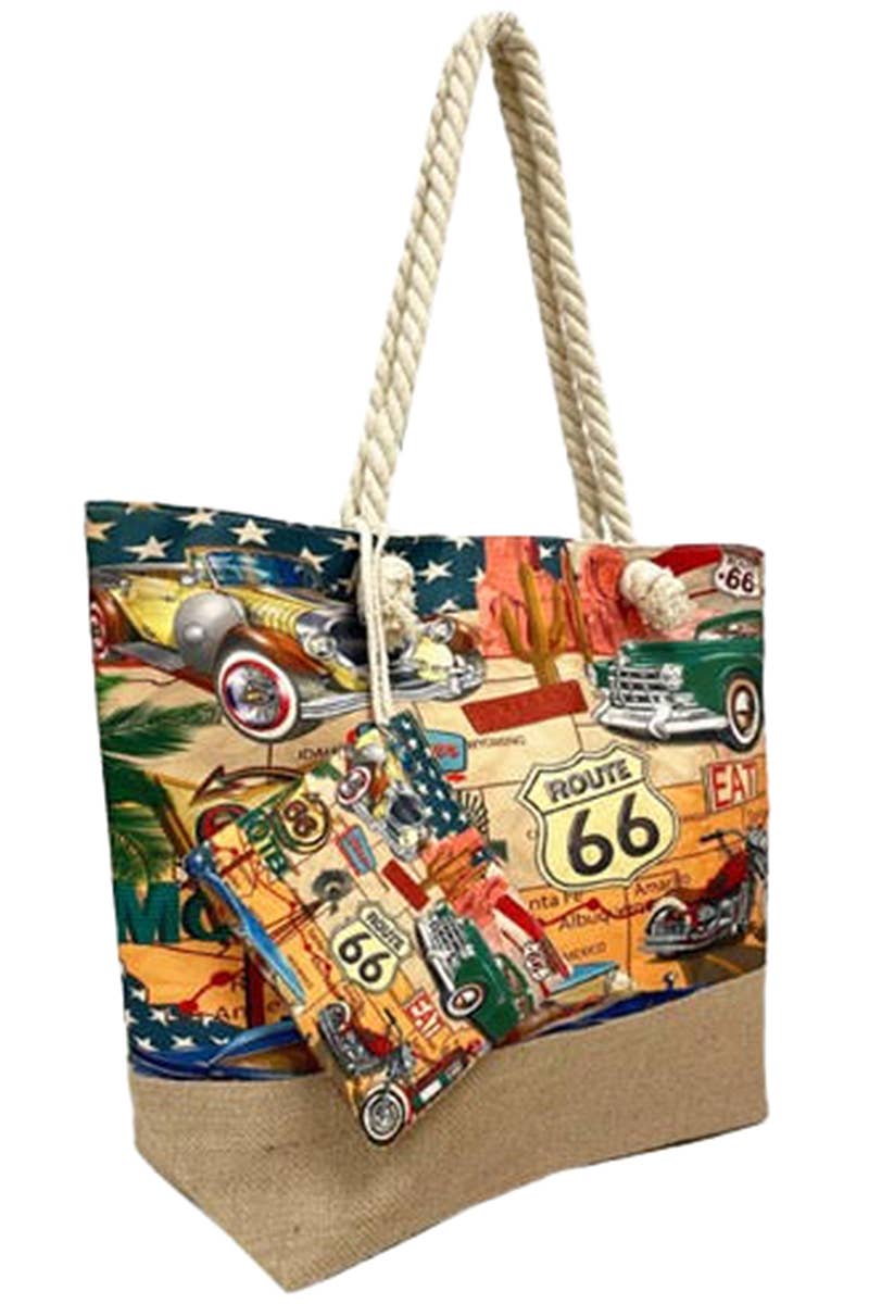 Route 66 The Mother Road Car Print Canvas Tote Bag