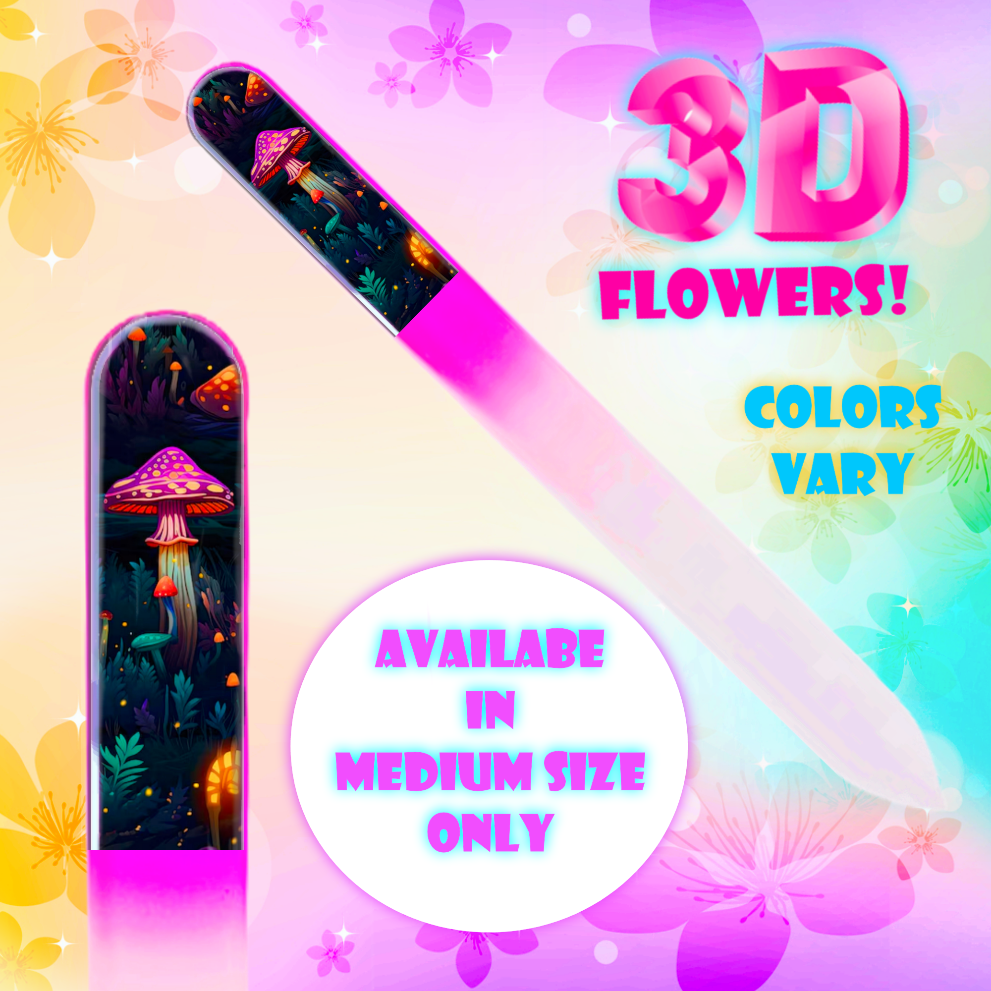 Enchanted Bright Glow Mushrooms 3D Colored Crystal Nail File: Medium