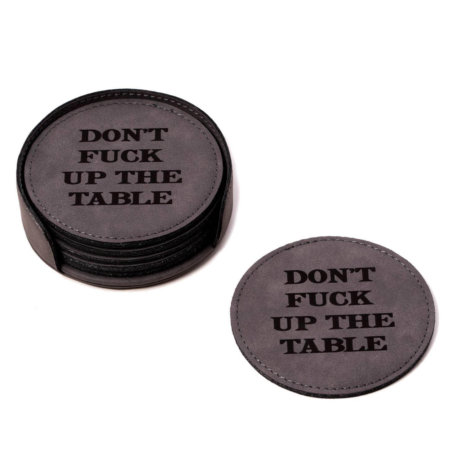 6 Coaster Set with Holder in Vintage Grey Leatherette