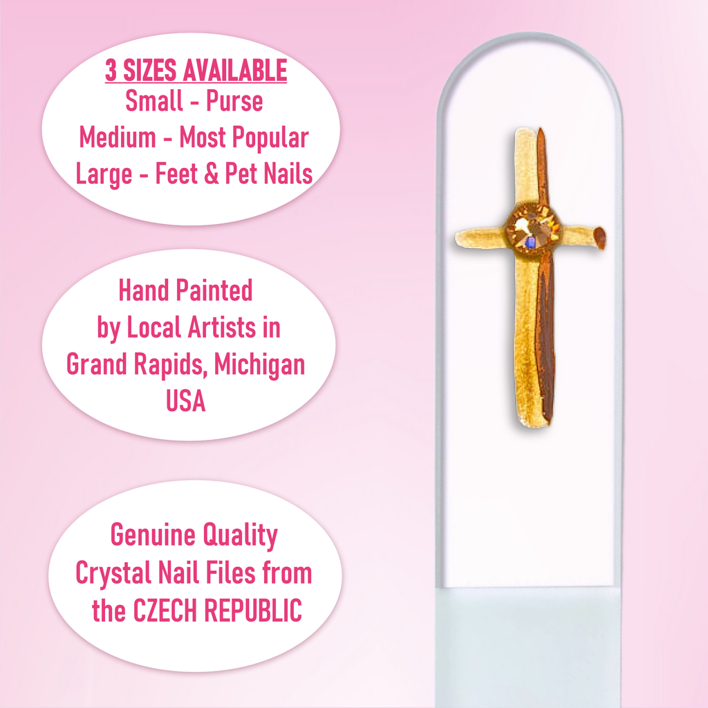 Gold Cross Religion Christian Hand Painted Crystal Nail File: Small