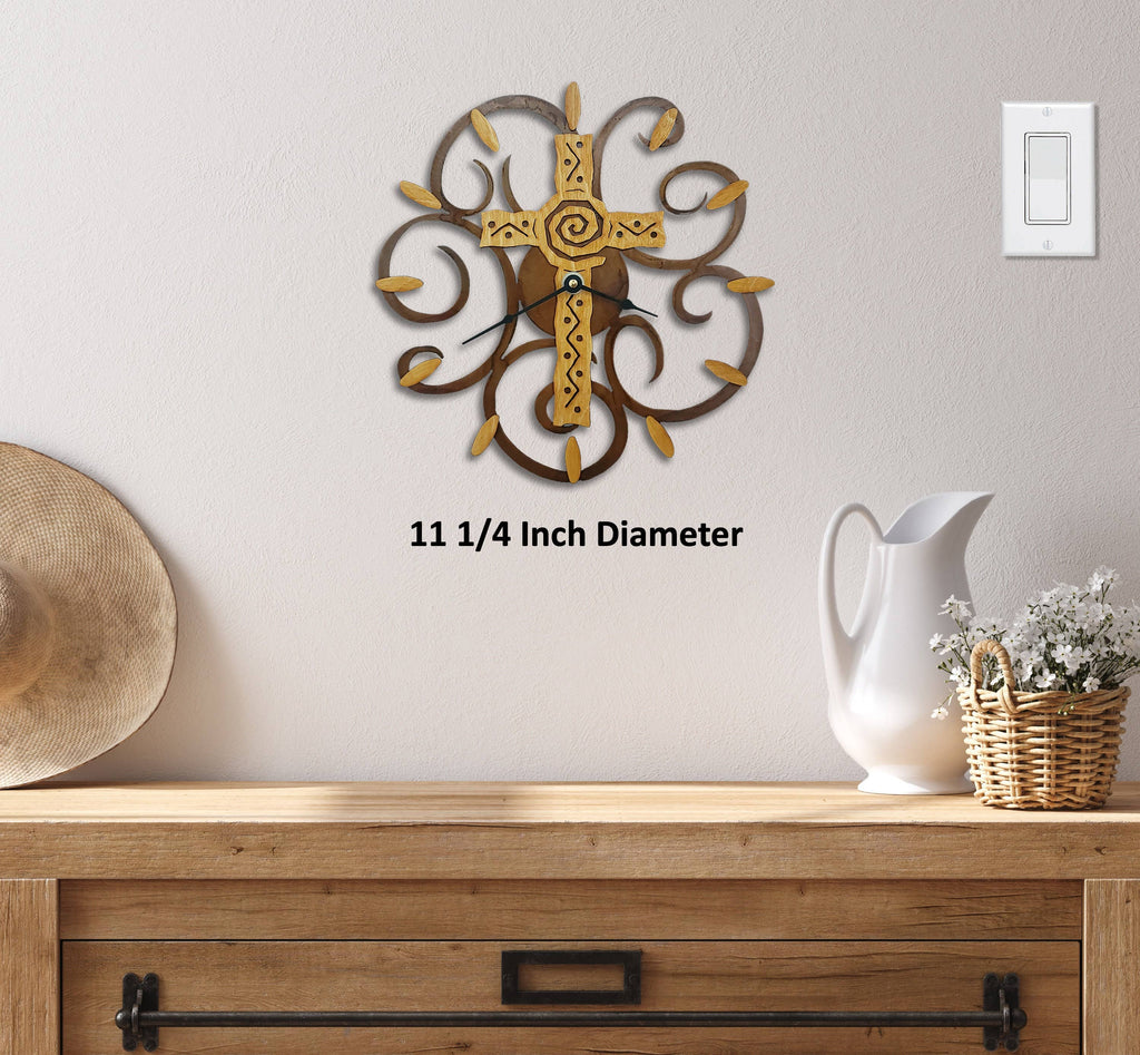 Cross, Swirl Clock, Gold Wood on Rusted Steel