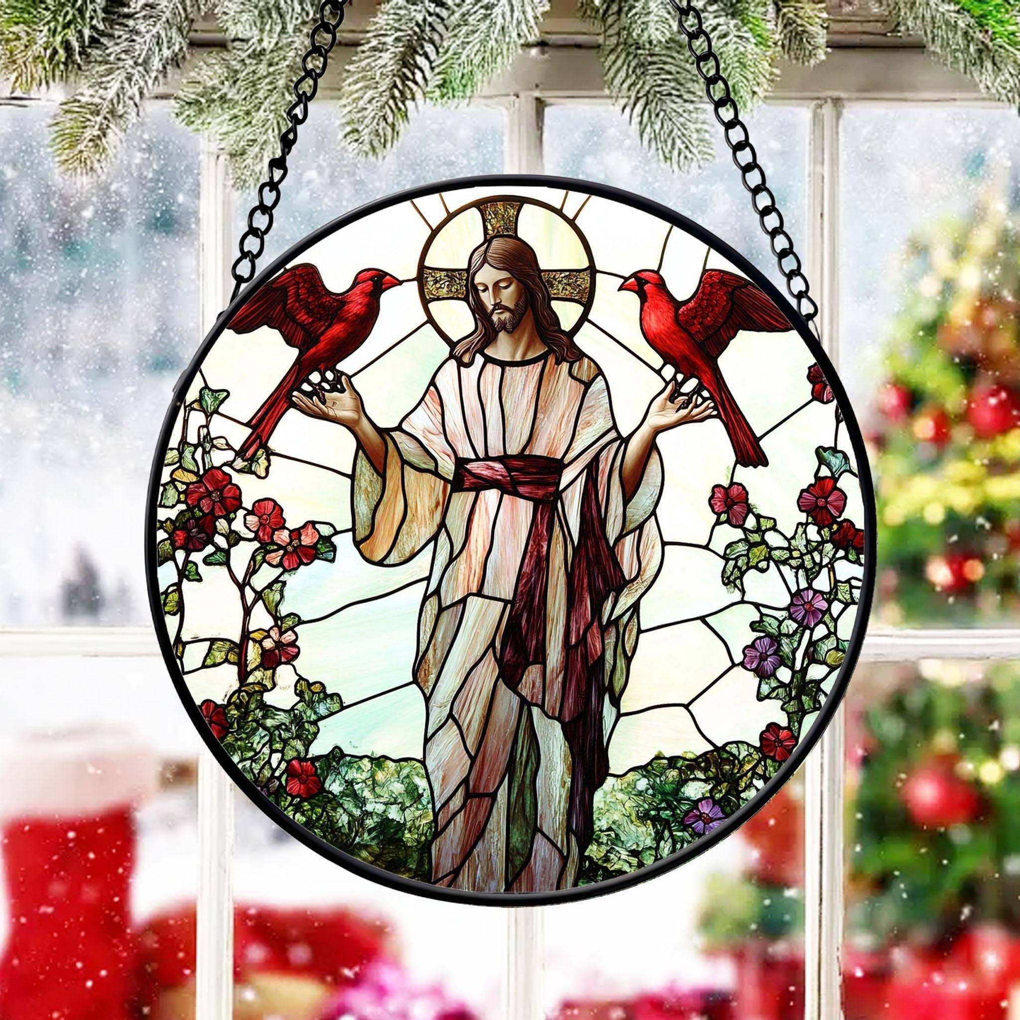 Jesus With Cardinals Stained Glass Suncatcher
