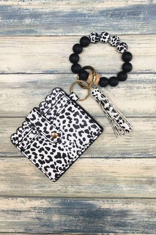 Silicone Beaded Bracelet Card Holder Keychain Black & White