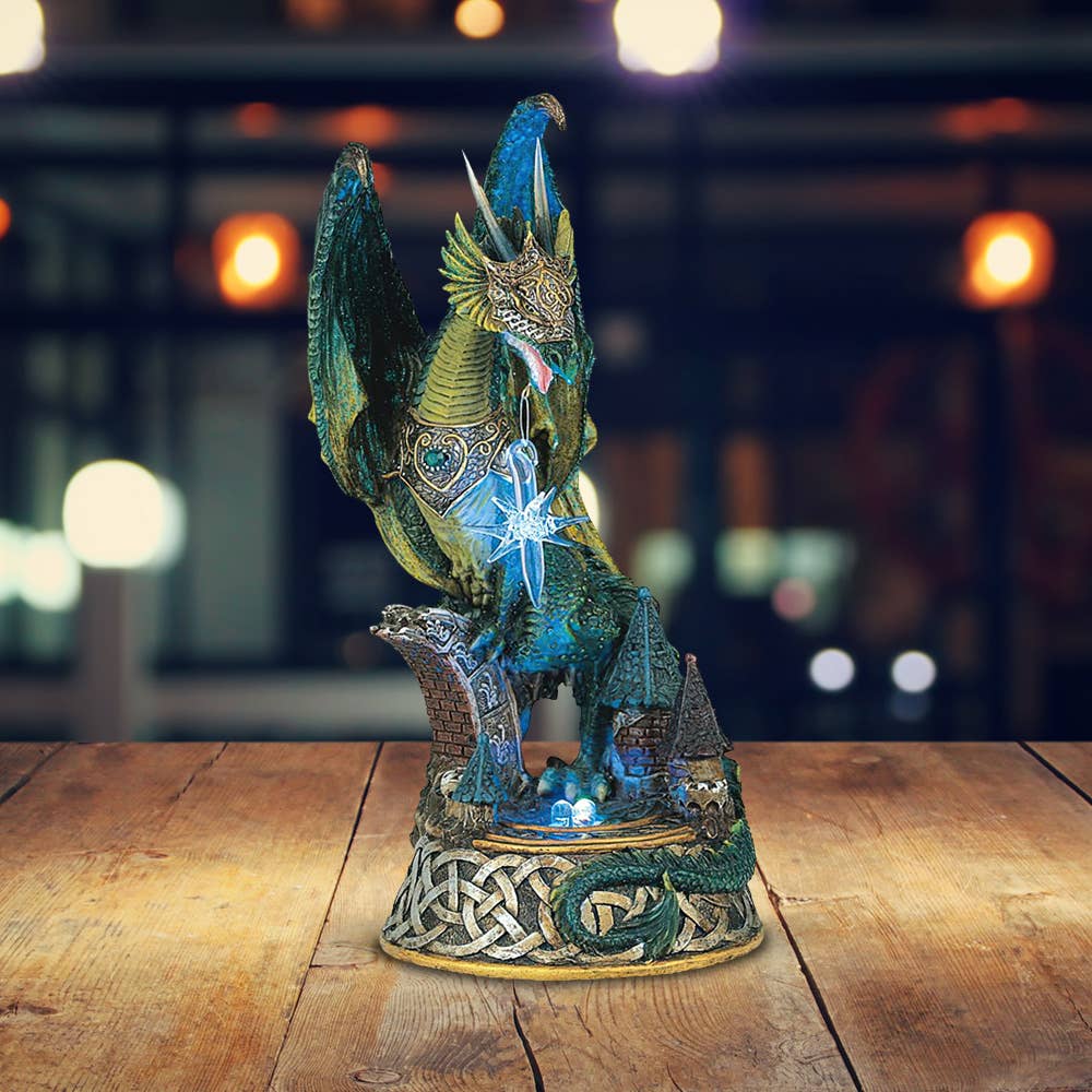 9"H LED Green Dragon Standing on Village Figurine