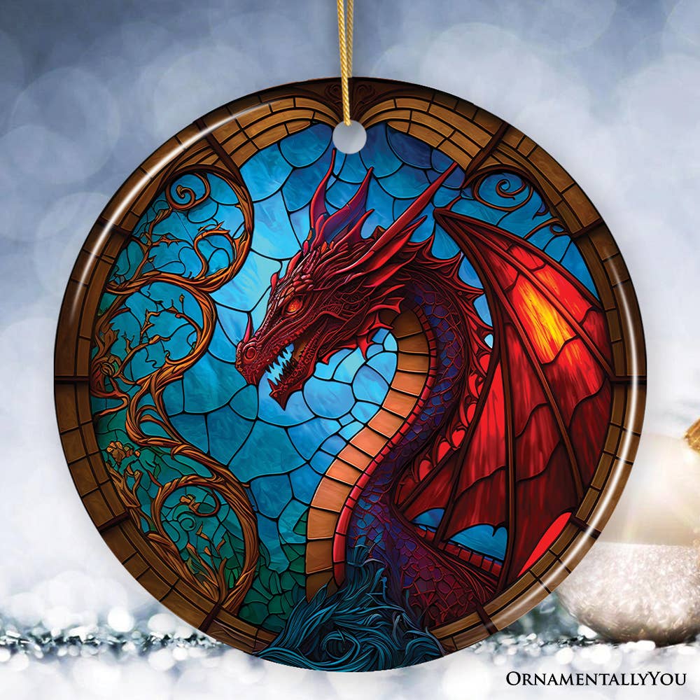 Fierce Dragon Stained Glass Style Ceramic Ornament