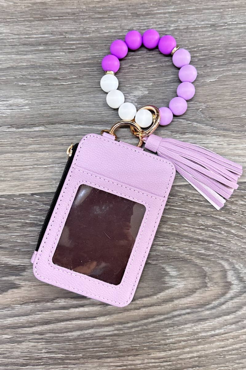 Silicone Beaded Bracelet Card Holder Keychain Purple