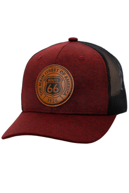 Route 66 Patch Melange Fabric Trucker Hat Burgandy