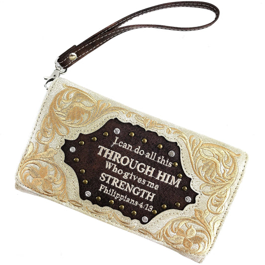 Bible Verse Philippians 4:13 Embroidery Crossbody Wallet: Beige